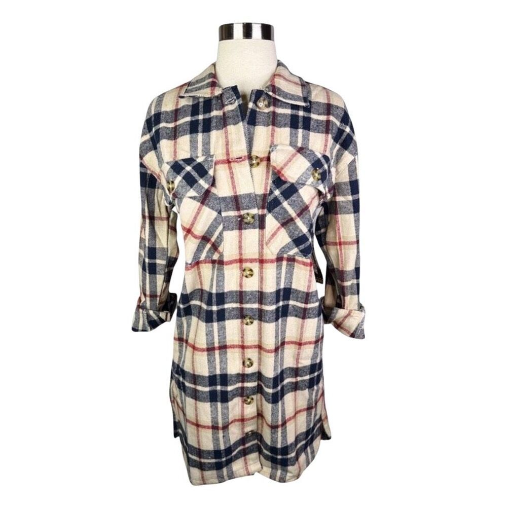 Taxi Premium Flannel Plaid Button Down Shirt Dress - LARGE